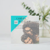 写真モダン結婚式の招待QRコードRSVPティール(緑がかった色) (スタンド正面)