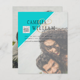 写真モダン結婚式の招待QRコードRSVPティール（緑がかった色）