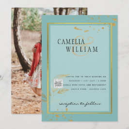 写真モダン結婚式の招待QRコードRSVPティール(緑がかった色) 招待状