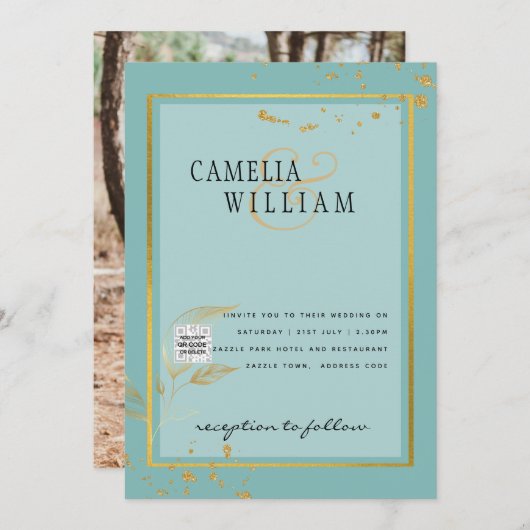 写真モダン結婚式の招待QRコードRSVPティール(緑がかった色) 招待状 (正面/裏面)