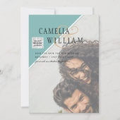 写真モダン結婚式の招待QRコードRSVPティール(緑がかった色) 招待状 (正面)