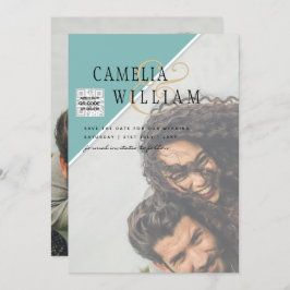 写真モダン結婚式の招待QRコードRSVPティール（緑がかった色） 招待状