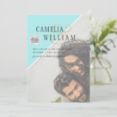 写真モダン結婚式の招待QRコードRSVPティール（緑がかった色） 招待状 (スタンド正面)