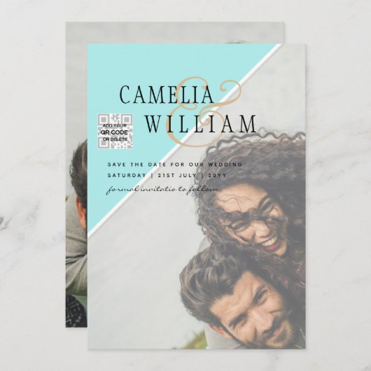 写真モダン結婚式の招待QRコードRSVPティール（緑がかった色） 招待状 (正面/裏面)