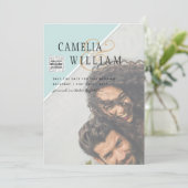 写真モダン結婚式の招待QRコードRSVPティール（緑がかった色） 招待状 (スタンド正面)