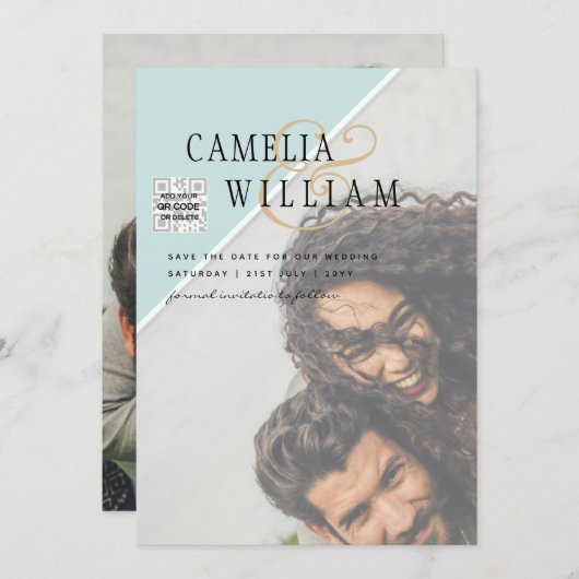 写真モダン結婚式の招待QRコードRSVPティール（緑がかった色） 招待状 (正面/裏面)