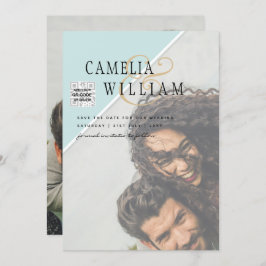 写真モダン結婚式の招待QRコードRSVPティール（緑がかった色） 招待状