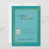 写真モダン結婚式の招待QRコードRSVPティール(緑がかった色) 招待状 (正面)