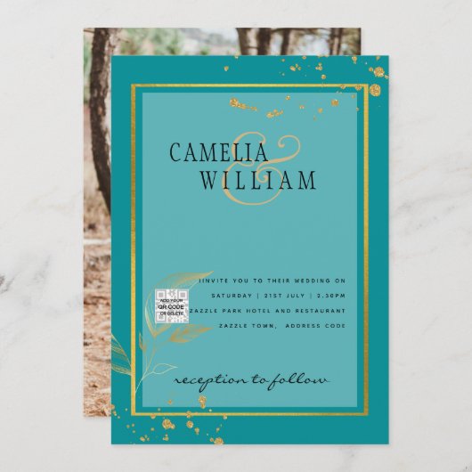 写真モダン結婚式の招待QRコードRSVPティール(緑がかった色) 招待状 (正面/裏面)