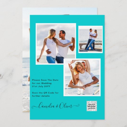 写真モダン結婚式の招待QRコードRSVPティール（緑がかった色） 招待状 (正面/裏面)