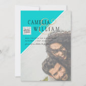 写真モダン結婚式の招待QRコードRSVPティール（緑がかった色） 招待状 (正面)