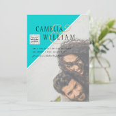 写真モダン結婚式の招待QRコードRSVPティール（緑がかった色） 招待状 (スタンド正面)