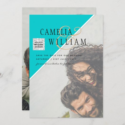 写真モダン結婚式の招待QRコードRSVPティール（緑がかった色） 招待状 (正面/裏面)