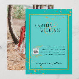 写真モダン結婚式の招待QRコードRSVPティール(緑がかった色) 招待状