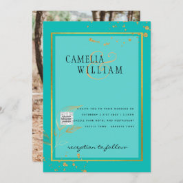 写真モダン結婚式の招待QRコードRSVPティール（緑がかった色） 招待状