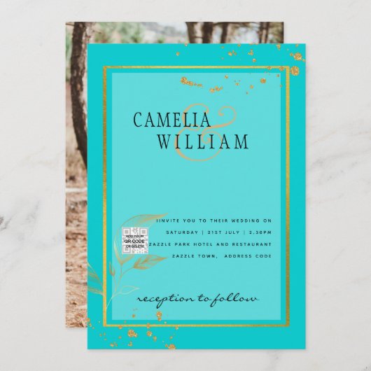 写真モダン結婚式の招待QRコードRSVPティール（緑がかった色） 招待状 (正面/裏面)