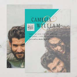 写真モダン結婚式の招待QRコードRSVPティール(緑がかった色) 招待状