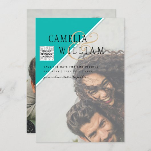 写真モダン結婚式の招待QRコードRSVPティール（緑がかった色） 招待状 (正面/裏面)