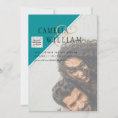 写真モダン結婚式の招待QRコードRSVPティール（緑がかった色） 招待状 (正面)