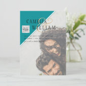 写真モダン結婚式の招待QRコードRSVPティール（緑がかった色） 招待状 (スタンド正面)