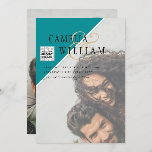 写真モダン結婚式の招待QRコードRSVPティール（緑がかった色） 招待状 (正面/裏面)