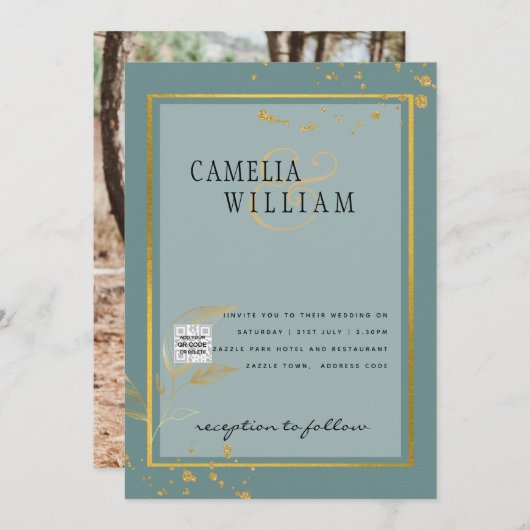 写真モダン結婚式の招待QRコードRSVPティール（緑がかった色） 招待状 (正面/裏面)