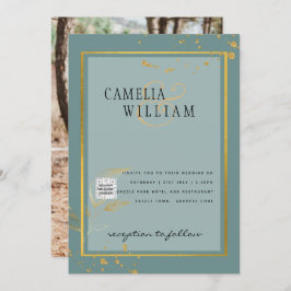 写真モダン結婚式の招待QRコードRSVPティール（緑がかった色） 招待状