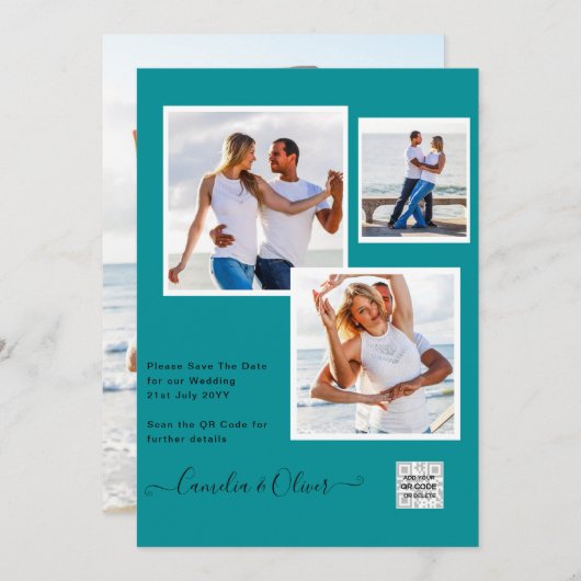 写真モダン結婚式の招待QRコードRSVPティール（緑がかった色） 招待状 (正面/裏面)