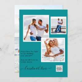 写真モダン結婚式の招待QRコードRSVPティール（緑がかった色） 招待状