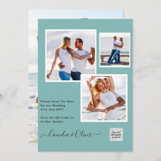 写真モダン結婚式の招待QRコードRSVPティール（緑がかった色） 招待状 (正面/裏面)