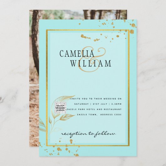 写真モダン結婚式の招待QRコードRSVPティール（緑がかった色） 招待状 (正面/裏面)