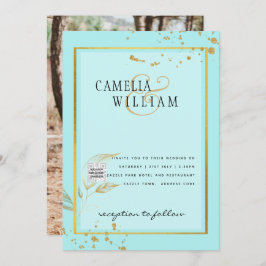 写真モダン結婚式の招待QRコードRSVPティール（緑がかった色） 招待状