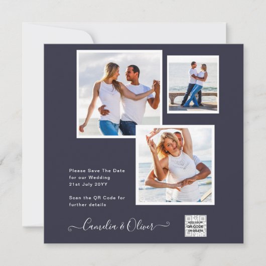 写真モダン結婚式の招待QRコードRSVPブルー (正面)