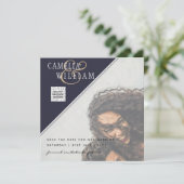 写真モダン結婚式の招待QRコードRSVPブルー (スタンド正面)