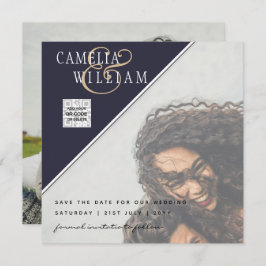 写真モダン結婚式の招待QRコードRSVPブルー