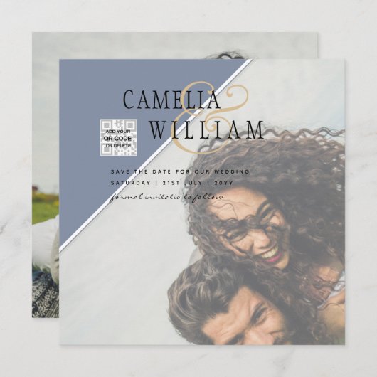 写真モダン結婚式の招待QRコードRSVPブルー (正面/裏面)