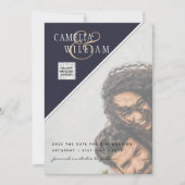 写真モダン結婚式の招待QRコードRSVPブルー 招待状 (正面)