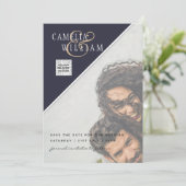 写真モダン結婚式の招待QRコードRSVPブルー 招待状 (スタンド正面)