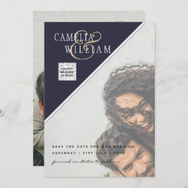 写真モダン結婚式の招待QRコードRSVPブルー 招待状