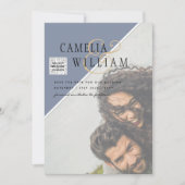 写真モダン結婚式の招待QRコードRSVPブルー 招待状 (正面)