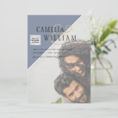 写真モダン結婚式の招待QRコードRSVPブルー 招待状 (スタンド正面)