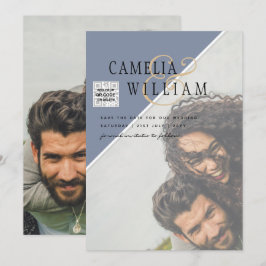 写真モダン結婚式の招待QRコードRSVPブルー 招待状