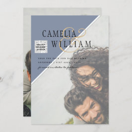 写真モダン結婚式の招待QRコードRSVPブルー 招待状