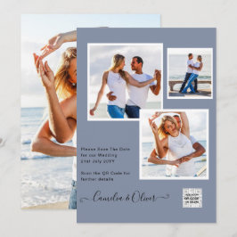 写真モダン結婚式の招待QRコードRSVPブルー 招待状