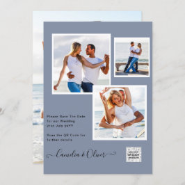 写真モダン結婚式の招待QRコードRSVPブルー 招待状