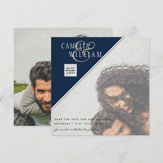 写真モダン結婚式の招待QRコードRSVPブルー 招待状 (正面/裏面)
