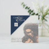 写真モダン結婚式の招待QRコードRSVPブルー 招待状 (スタンド正面)