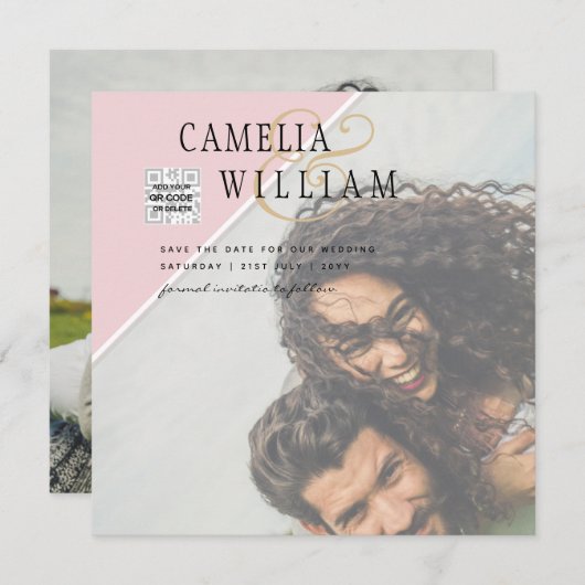 写真モダン結婚式の招待QRコードRSVP BlushPINK (正面/裏面)