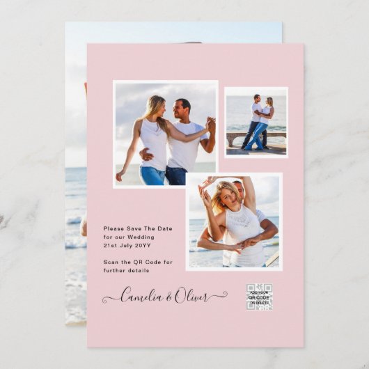 写真モダン結婚式の招待QRコードRSVP BlushPINK 招待状 (正面/裏面)