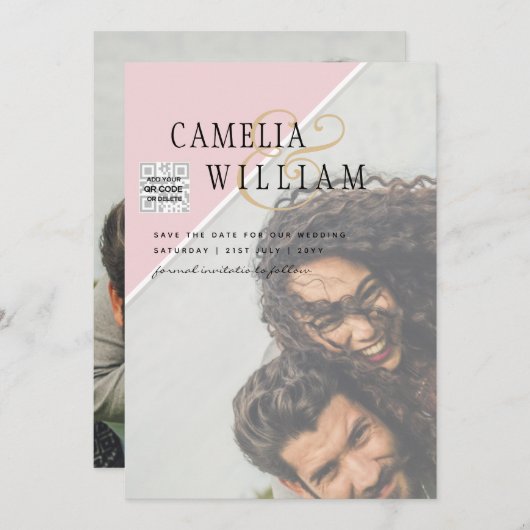 写真モダン結婚式の招待QRコードRSVP BlushPINK 招待状 (正面/裏面)